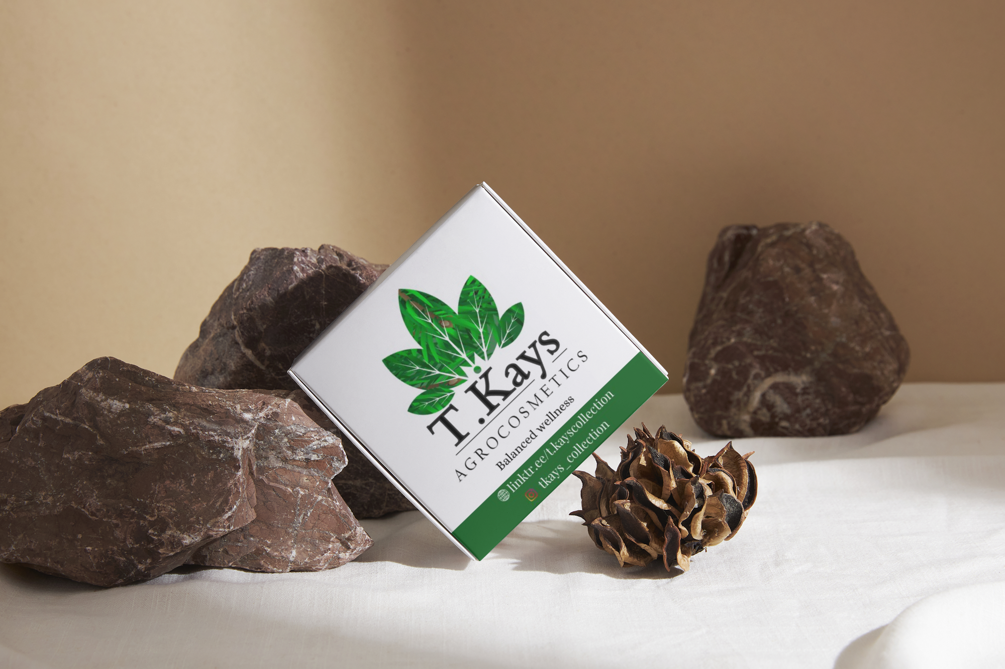 Branded box styled with rocks and pine cone in a nature setting