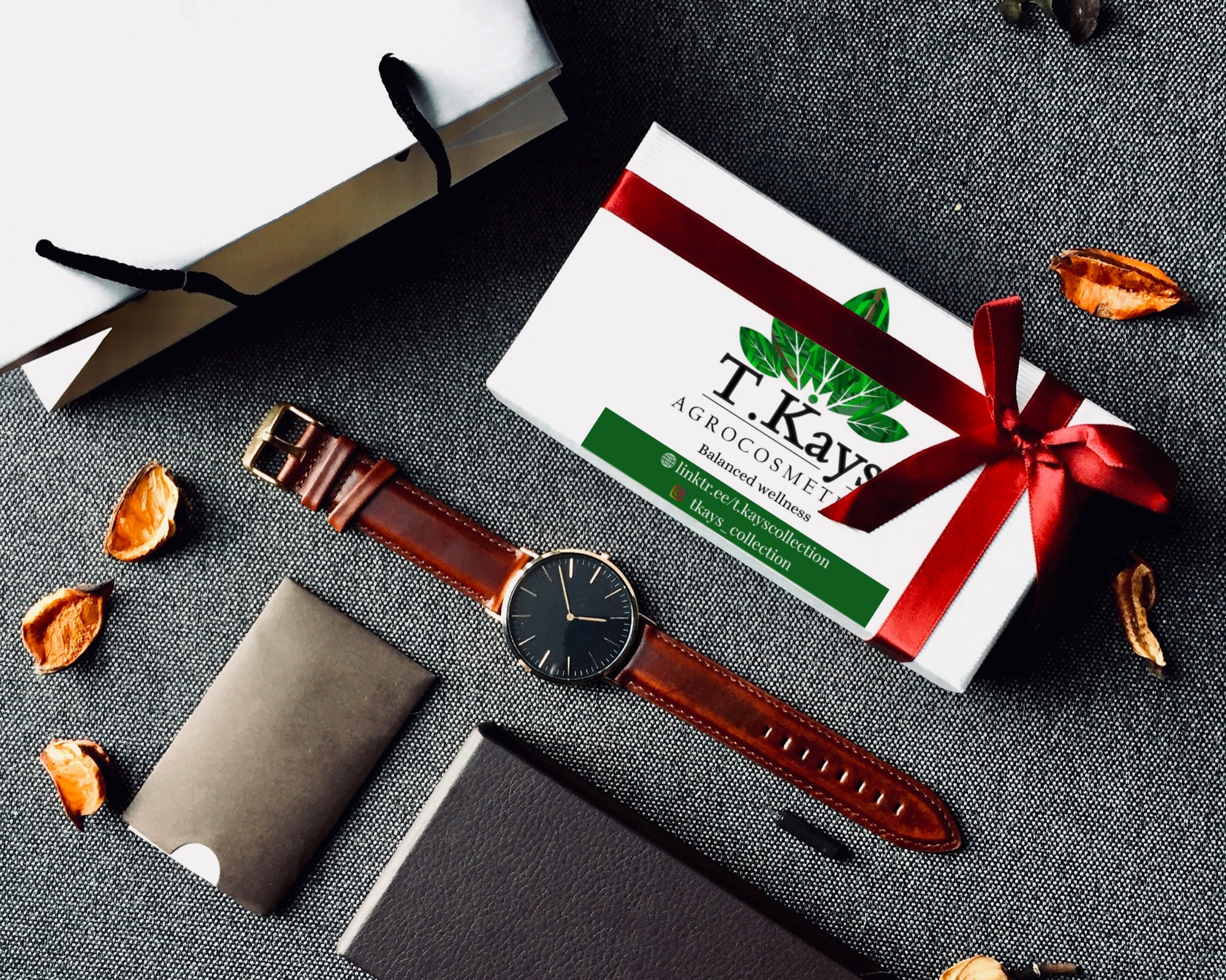 Elegant gift box set presented alongside a watch — premium gifting